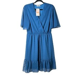 Kirundo Size Medium Flutter Sleeve Faux Wrap Dress Swiss Dots Wedding Guest Blue